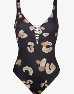Maryan Mehlhorn Abstraction Plunge Swimsuit - Black and Brown Hot