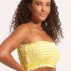 Seafolly Amalfi Check Shirred Longline Bandeau Bikini Top - Lime Light Clearance