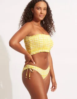 Seafolly Amalfi Check Shirred Longline Bandeau Bikini Top - Lime Light Clearance
