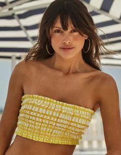 Seafolly Amalfi Check Shirred Longline Bandeau Bikini Top - Lime Light Clearance