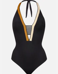 Maryan Mehlhorn Antagonist Halter Plunge Swimsuit - Black Sand Caramel Sale