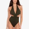 Lauren Ralph Lauren Beach Club Solids Cut Out Halter Swimsuit - Olive Clearance