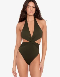 Lauren Ralph Lauren Beach Club Solids Cut Out Halter Swimsuit - Olive Clearance