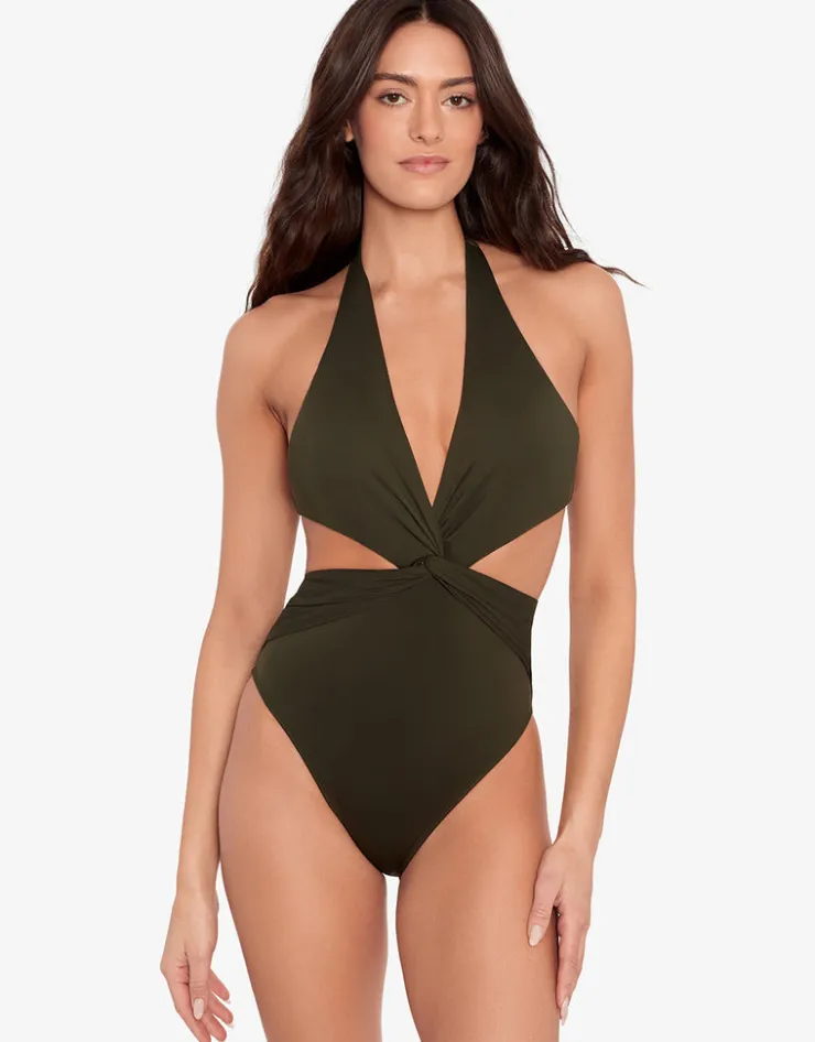 Lauren Ralph Lauren Beach Club Solids Cut Out Halter Swimsuit - Olive Clearance