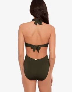 Lauren Ralph Lauren Beach Club Solids Cut Out Halter Swimsuit - Olive Clearance