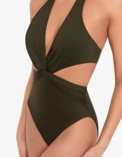 Lauren Ralph Lauren Beach Club Solids Cut Out Halter Swimsuit - Olive Clearance