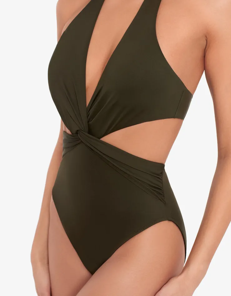 Lauren Ralph Lauren Beach Club Solids Cut Out Halter Swimsuit - Olive Clearance
