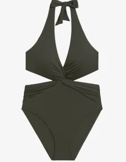 Lauren Ralph Lauren Beach Club Solids Cut Out Halter Swimsuit - Olive Clearance