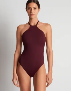 Lauren Ralph Lauren Beach Club Solids High Neck Swimsuit - Claret Sale