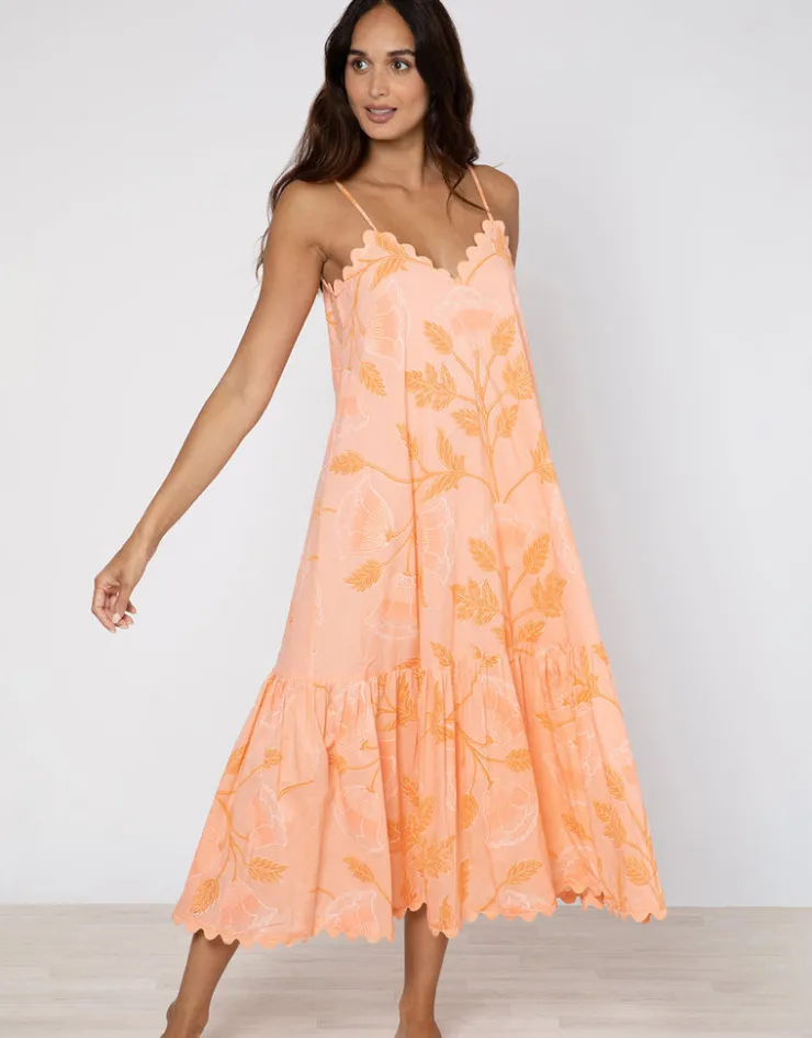 Juliet Dunn Bellflower V Neck Midi Dress - Peach Sale