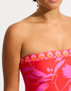 Seafolly Birds of Paradise DD Bandeau Swimsuit - Chilli Red Discount