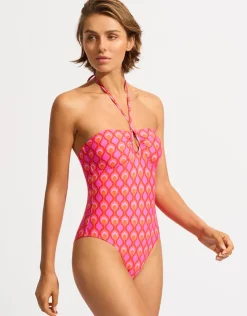 Seafolly Birds of Paradise Diamond Wire Bandeau Swimsuit - Chilli Red Online
