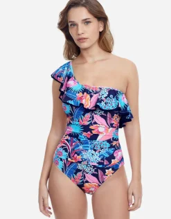 Gottex Bohemian Gypsy Ruffle One Shoulder Swimsuit - Navy Fashion