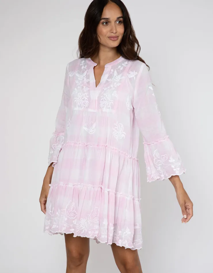 Juliet Dunn Butterfly Gingham Flared Sleeve Dress - Pink New