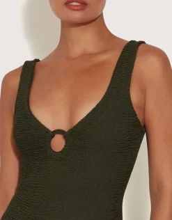 Hunza G Celine Swimsuit with Tonal Hoops - Metallic Khaki Sale