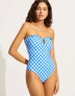 Seafolly Ciao Bella Check Bandeau Swimsuit - Azure Sale