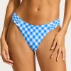 Seafolly Ciao Bella Check High Leg Ruched Side Bikini Pant - Azure Clearance