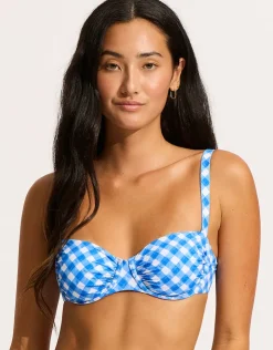 Seafolly Ciao Bella Check Ruched Underwired Bikini Top - Azure New