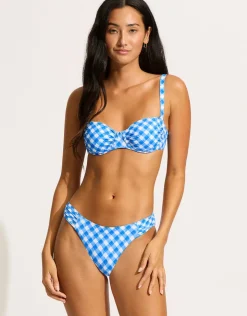 Seafolly Ciao Bella Check Ruched Underwired Bikini Top - Azure New