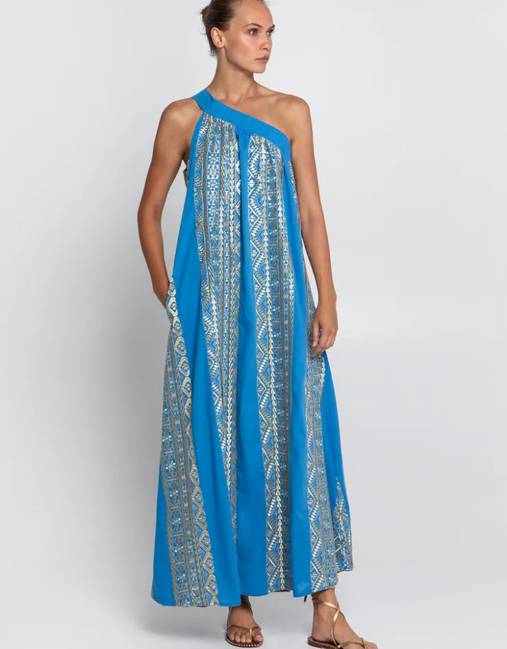 Greek Archaic Kori Classic Triangle Asymmetrical Maxi Dress - Blue Raf and Gold Clearance