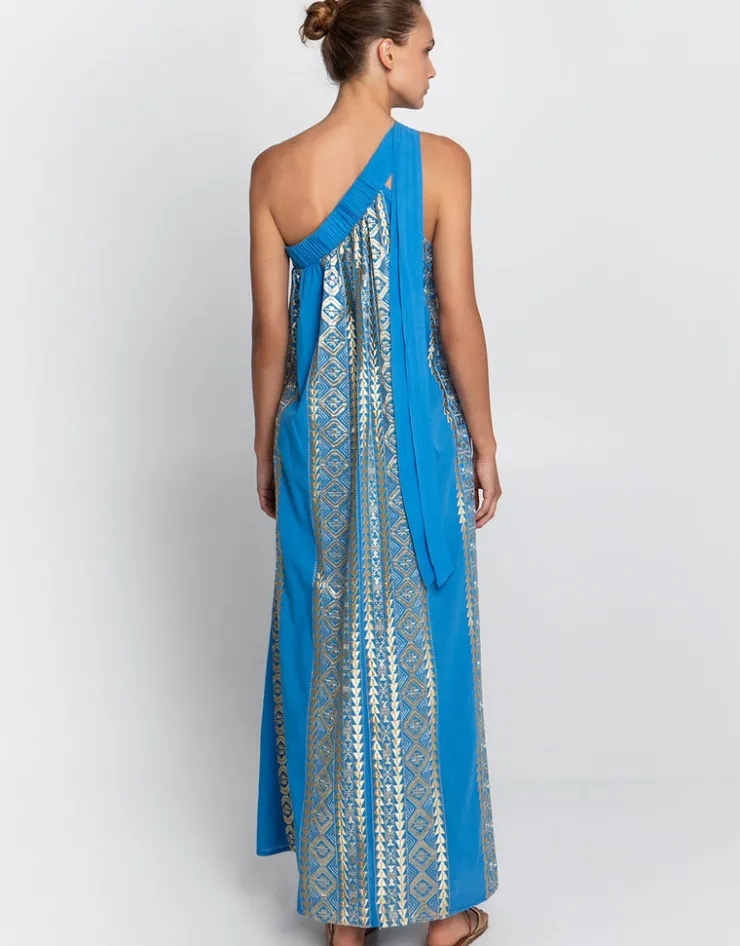 Greek Archaic Kori Classic Triangle Asymmetrical Maxi Dress - Blue Raf and Gold Clearance