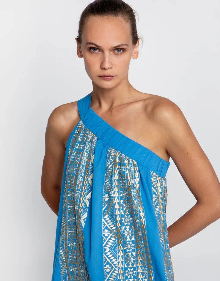 Greek Archaic Kori Classic Triangle Asymmetrical Maxi Dress - Blue Raf and Gold Clearance