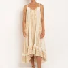 Greek Archaic Kori Classic Triangle Hi-Low Midi Dress - Natural and Gold Fashion