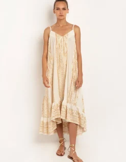 Greek Archaic Kori Classic Triangle Hi-Low Midi Dress - Natural and Gold Fashion
