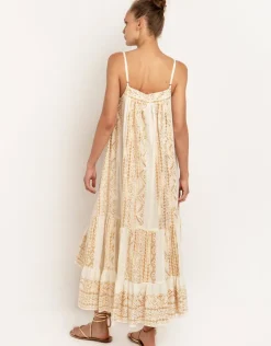 Greek Archaic Kori Classic Triangle Hi-Low Midi Dress - Natural and Gold Fashion