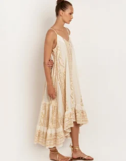 Greek Archaic Kori Classic Triangle Hi-Low Midi Dress - Natural and Gold Fashion