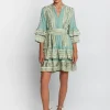 Greek Archaic Kori Classic Triangle Layered Mini Dress with Sash - Sea Green and Gold Hot