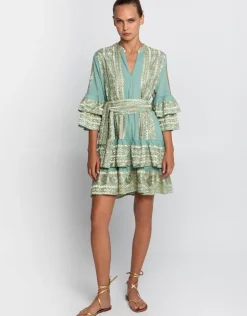 Greek Archaic Kori Classic Triangle Layered Mini Dress with Sash - Sea Green and Gold Hot