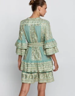 Greek Archaic Kori Classic Triangle Layered Mini Dress with Sash - Sea Green and Gold Hot