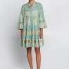Greek Archaic Kori Classic Triangle Long Sleeve Mini Dress - Sea Green and Gold Clearance