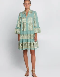 Greek Archaic Kori Classic Triangle Long Sleeve Mini Dress - Sea Green and Gold Clearance