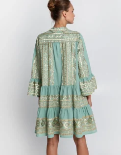 Greek Archaic Kori Classic Triangle Long Sleeve Mini Dress - Sea Green and Gold Clearance
