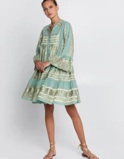 Greek Archaic Kori Classic Triangle Long Sleeve Mini Dress - Sea Green and Gold Clearance
