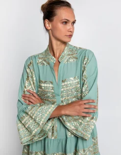 Greek Archaic Kori Classic Triangle Long Sleeve Mini Dress - Sea Green and Gold Clearance
