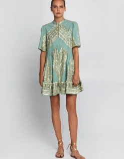 Greek Archaic Kori Classic Triangle Oriental Style Mini Dress - Sea Green and Gold Hot