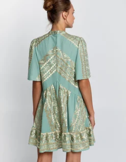 Greek Archaic Kori Classic Triangle Oriental Style Mini Dress - Sea Green and Gold Hot