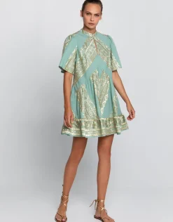 Greek Archaic Kori Classic Triangle Oriental Style Mini Dress - Sea Green and Gold Hot