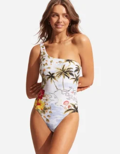Seafolly Coast to Coast One Shoulder Swimsuit - Powder Blue New