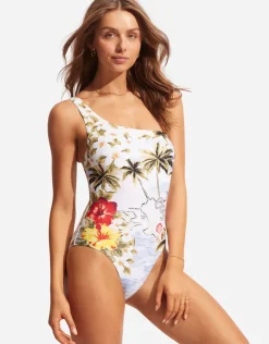 Seafolly Coast to Coast One Shoulder Swimsuit - Powder Blue New