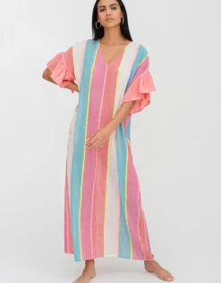 Pitusa Contrast Ruffle Sleeve V Neck Dress - Multi New