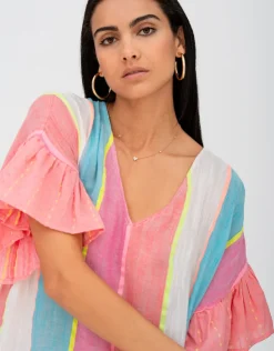 Pitusa Contrast Ruffle Sleeve V Neck Dress - Multi New