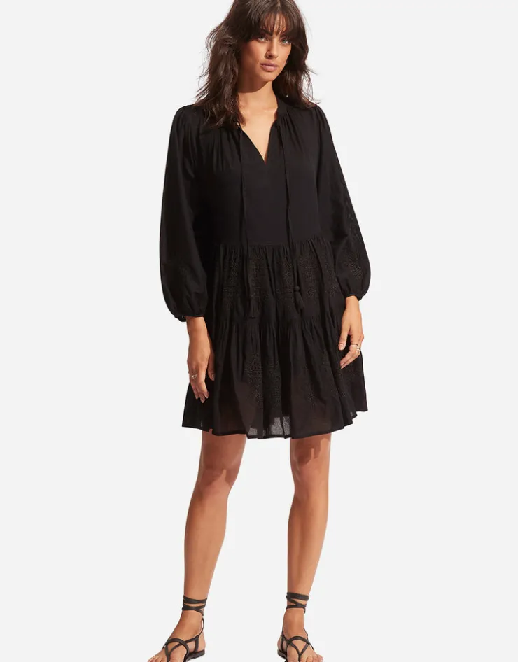Seafolly Corsica Embroidery Tier Dress - Black Outlet