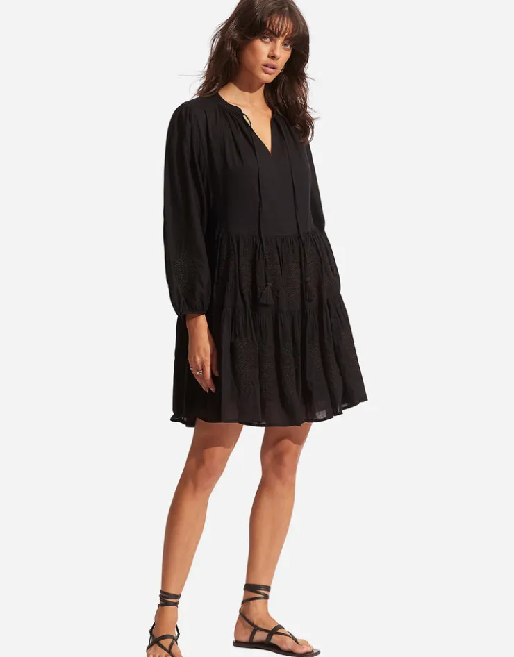 Seafolly Corsica Embroidery Tier Dress - Black Outlet