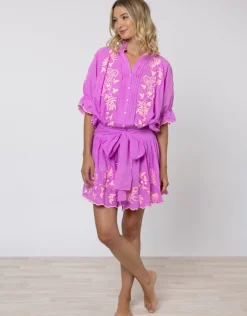 Juliet Dunn Cotton Blouson Dress with Butterfly Embroidery - Violet and Neon Peach Hot