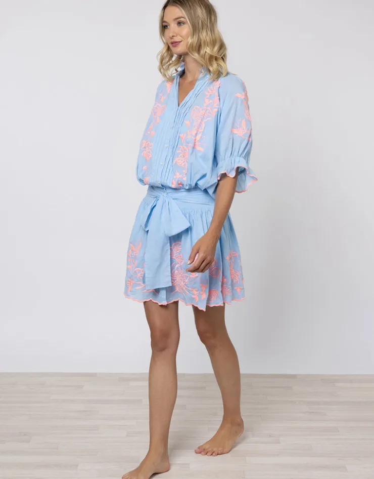 Juliet Dunn Cotton Blouson Dress with Butterfly Embroidery - Blue and Neon Pink New