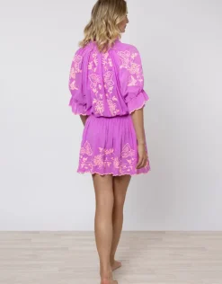 Juliet Dunn Cotton Blouson Dress with Butterfly Embroidery - Violet and Neon Peach Hot